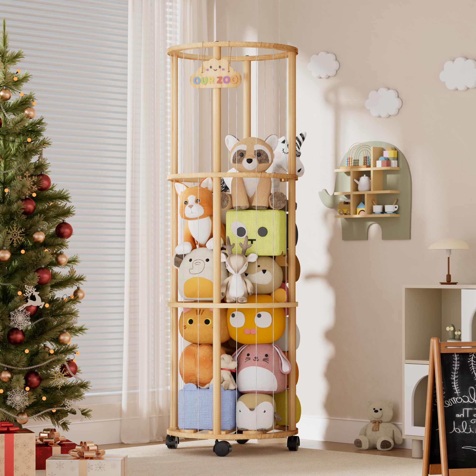 Unlumm stuffed animal storage wheels rolling for easy mobility in a playroom.