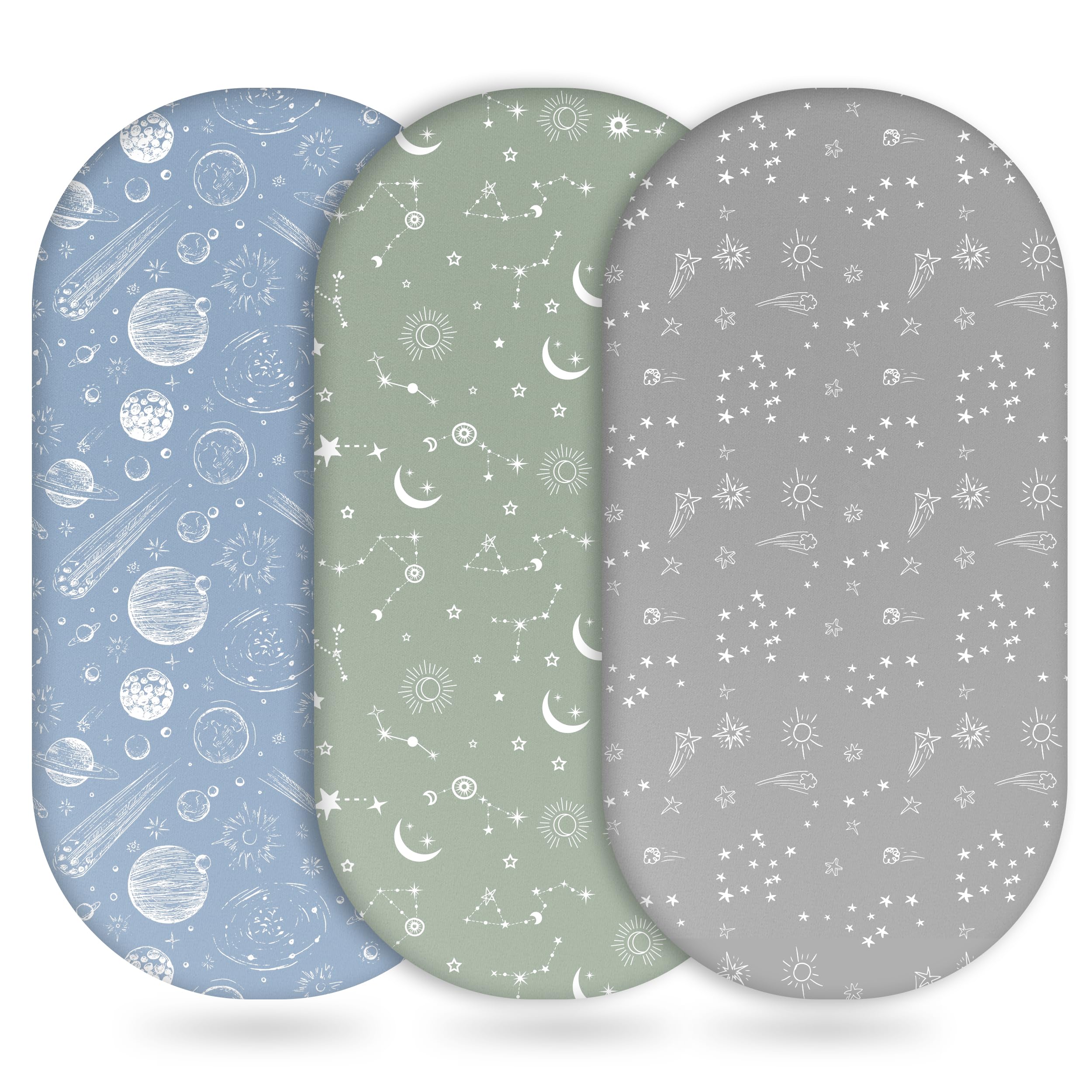 Unnivoll baby bassinet sheets in green gray constellation for gentle sleep and cozy playtime.