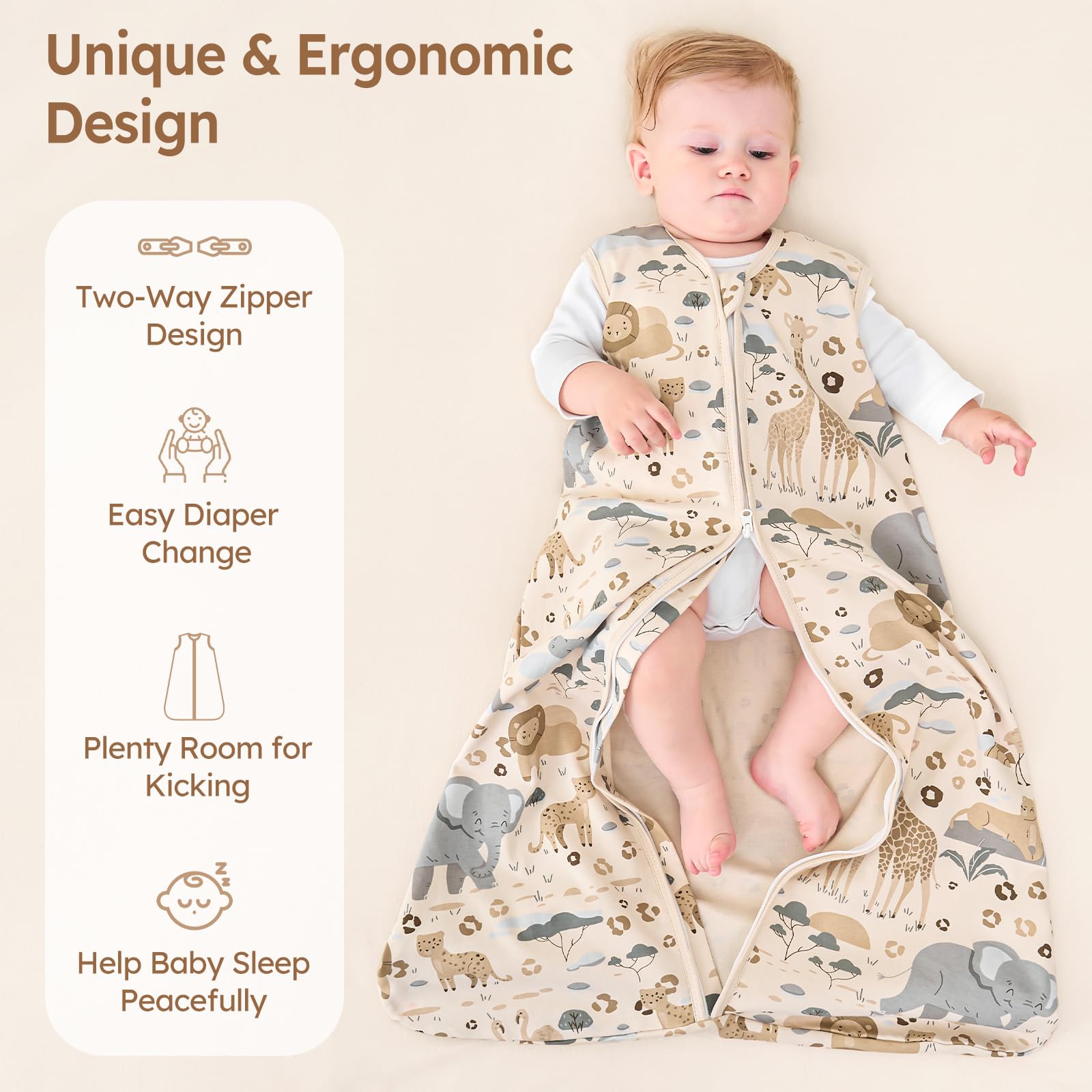 Unnivoll sleep sack with 2-way zipper for quick diaper changes