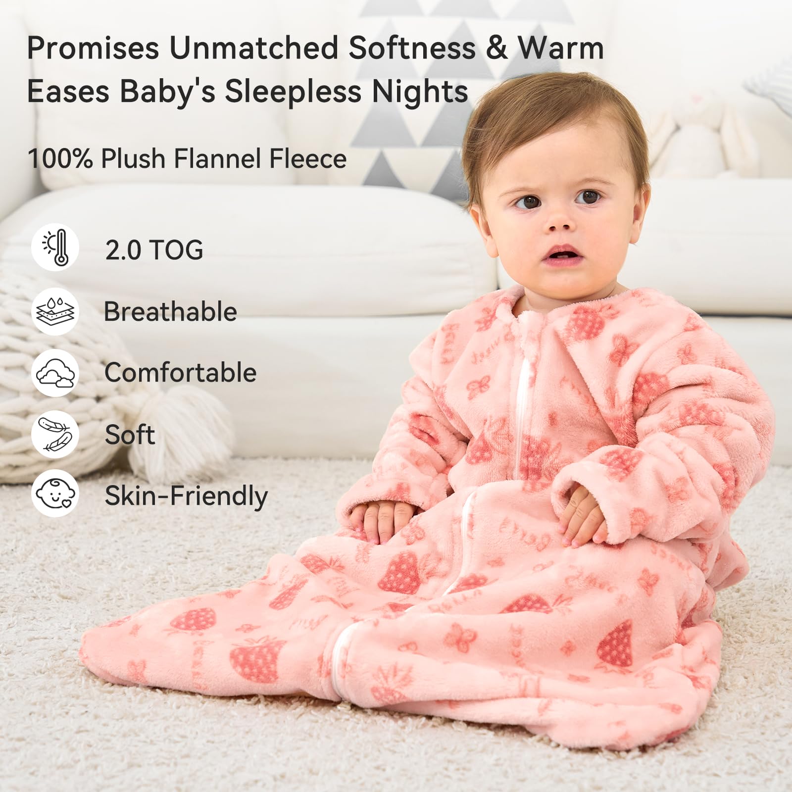 Unnivoll pink sleep sack with 2-way zipper for easy night changes