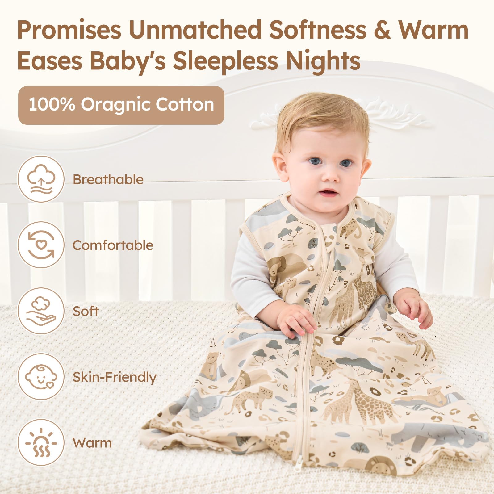 Unnivoll sleep sack apricot elephant side zipper enables easy night changes