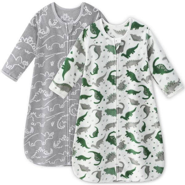 Unnivoll fleece baby sleep sack front view with dinosaur print for cozy nighttime warmth.