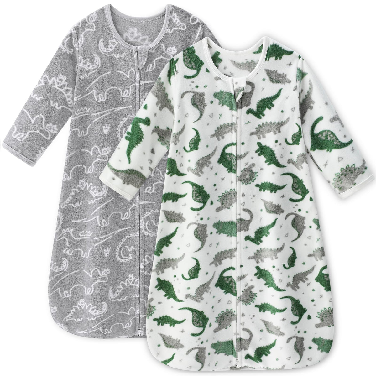 Unnivoll fleece baby sleep sack front view with dinosaur print for cozy nighttime warmth.