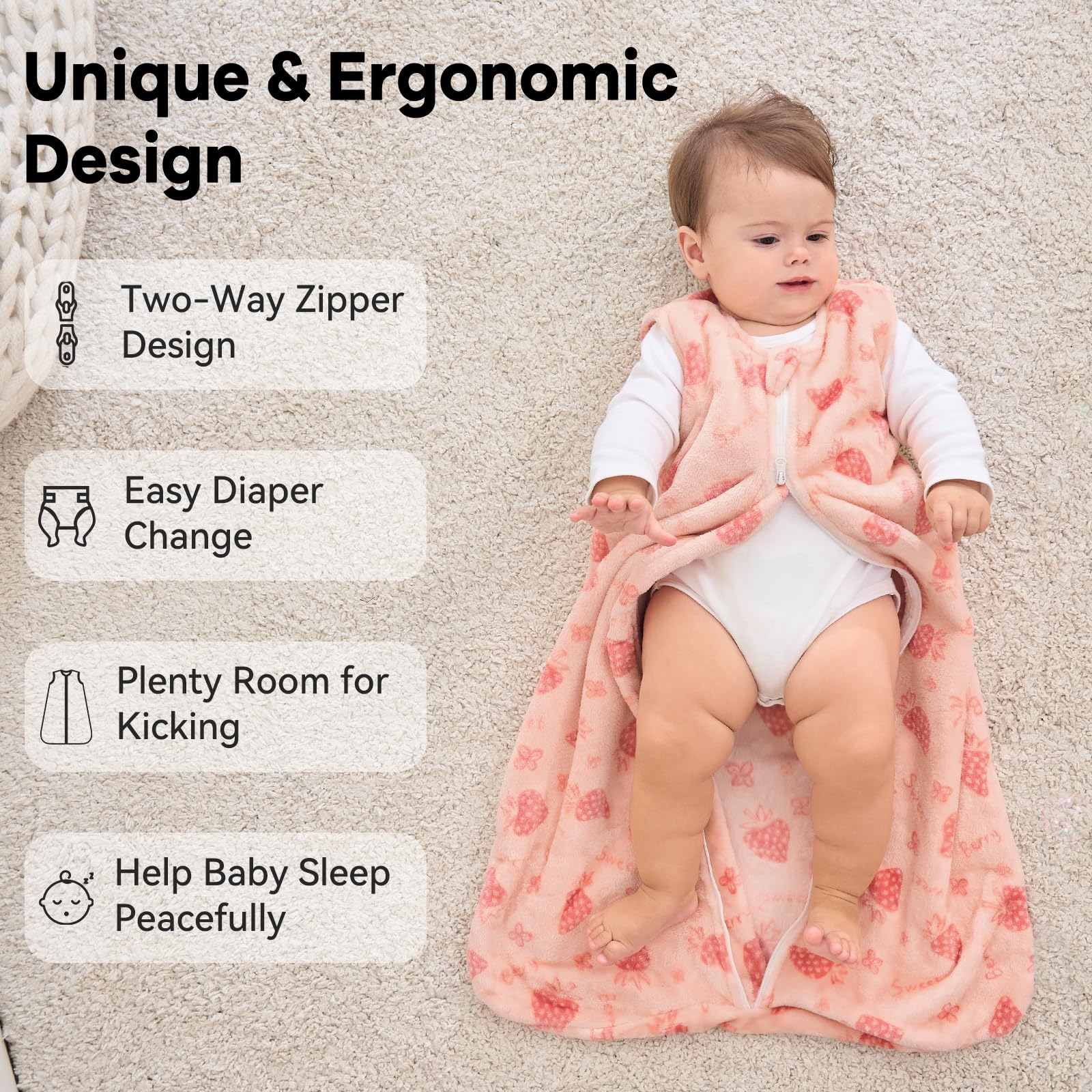 Unnivoll wearable blanket design offers roomy fit for active kicking.