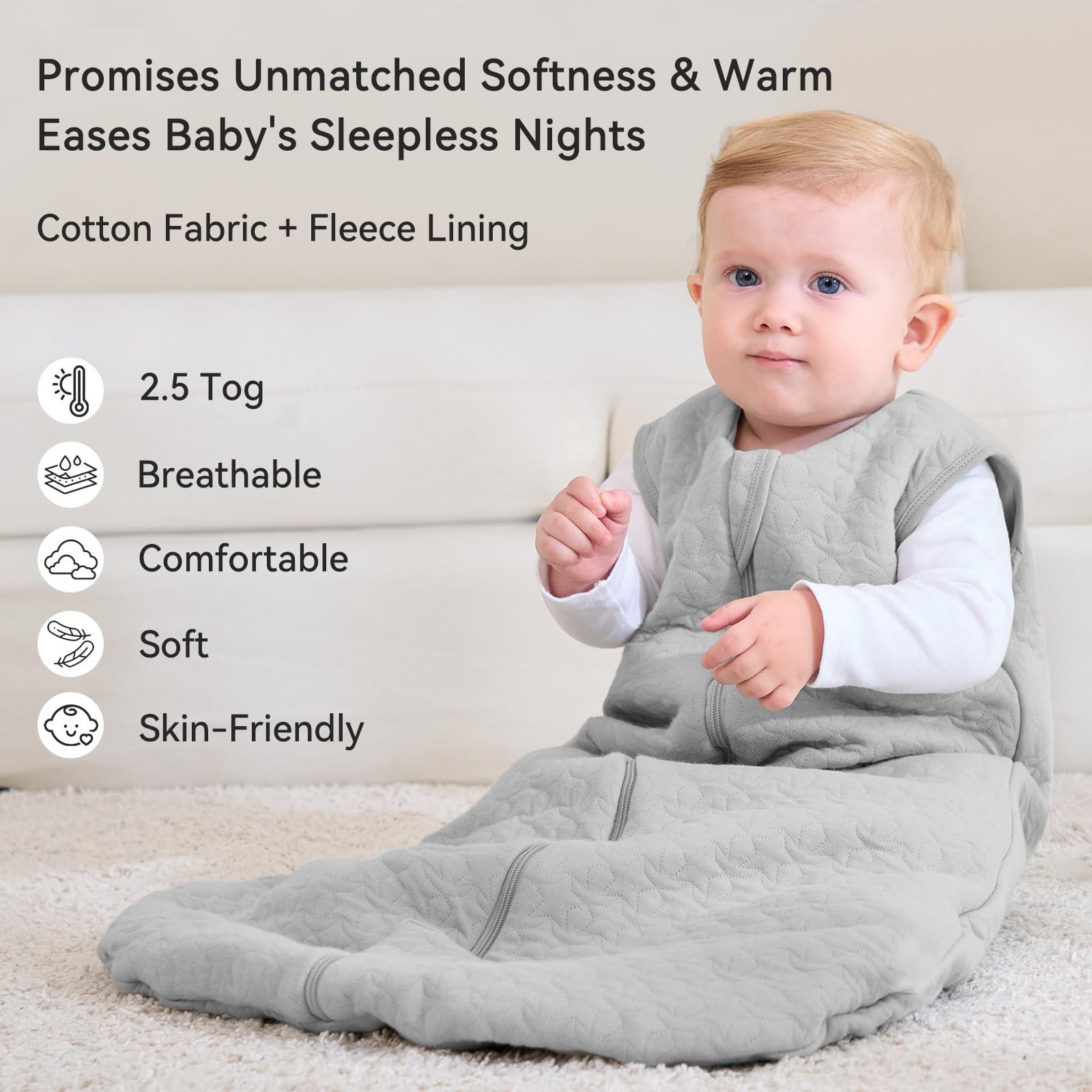 Unnivoll sleep sack soft cotton fabric ideal for delicate skin.