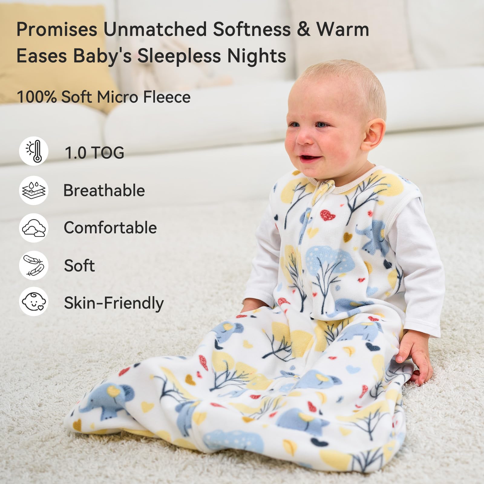 Unnivoll sleep sack in yellow elephant print shown from the side for a secure fit