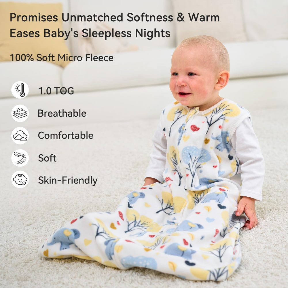 Unnivoll sleep sack in yellow elephant print shown from the side for a secure fit