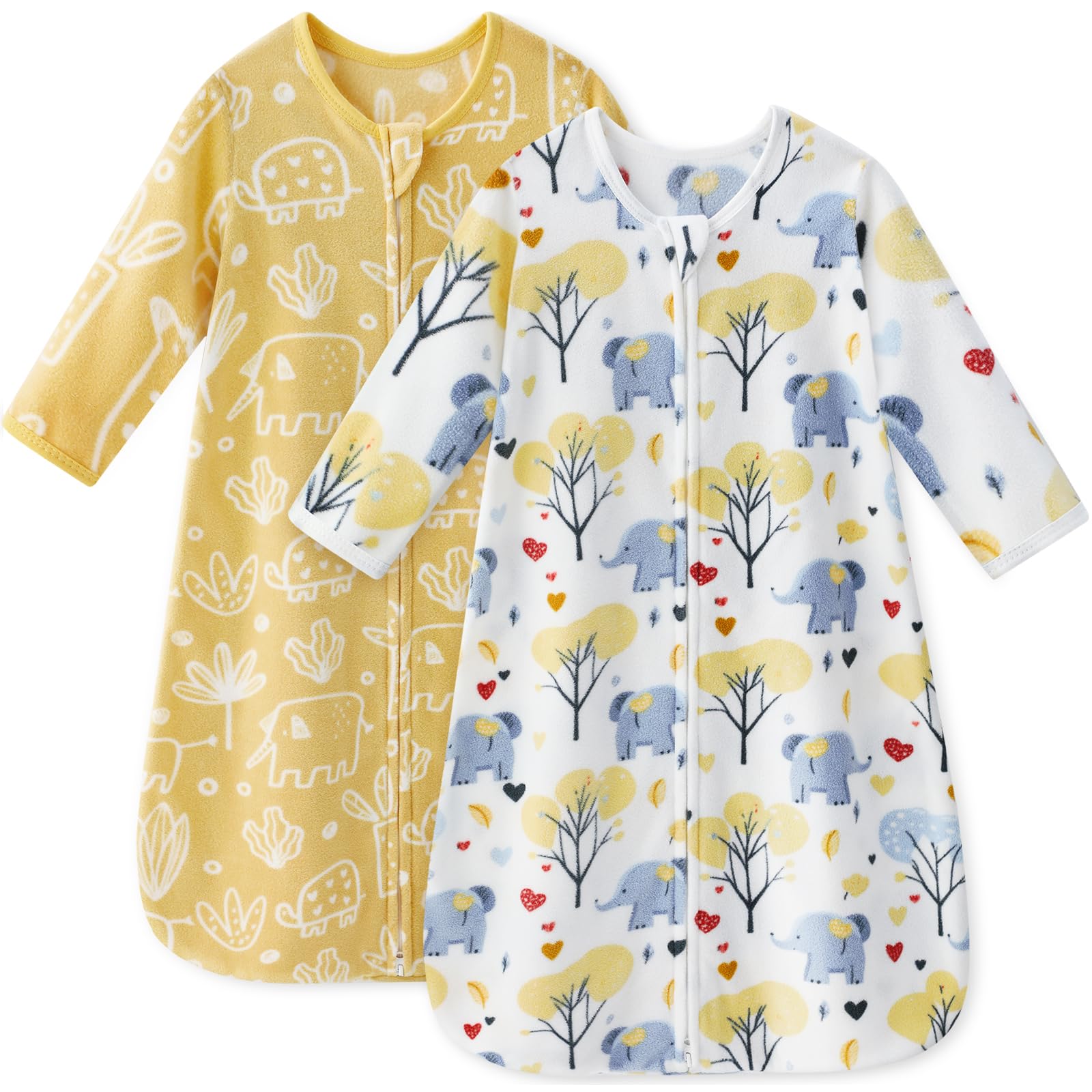 Unnivoll baby sleep sack in yellow elephant print, cozy warmth for peaceful nights.