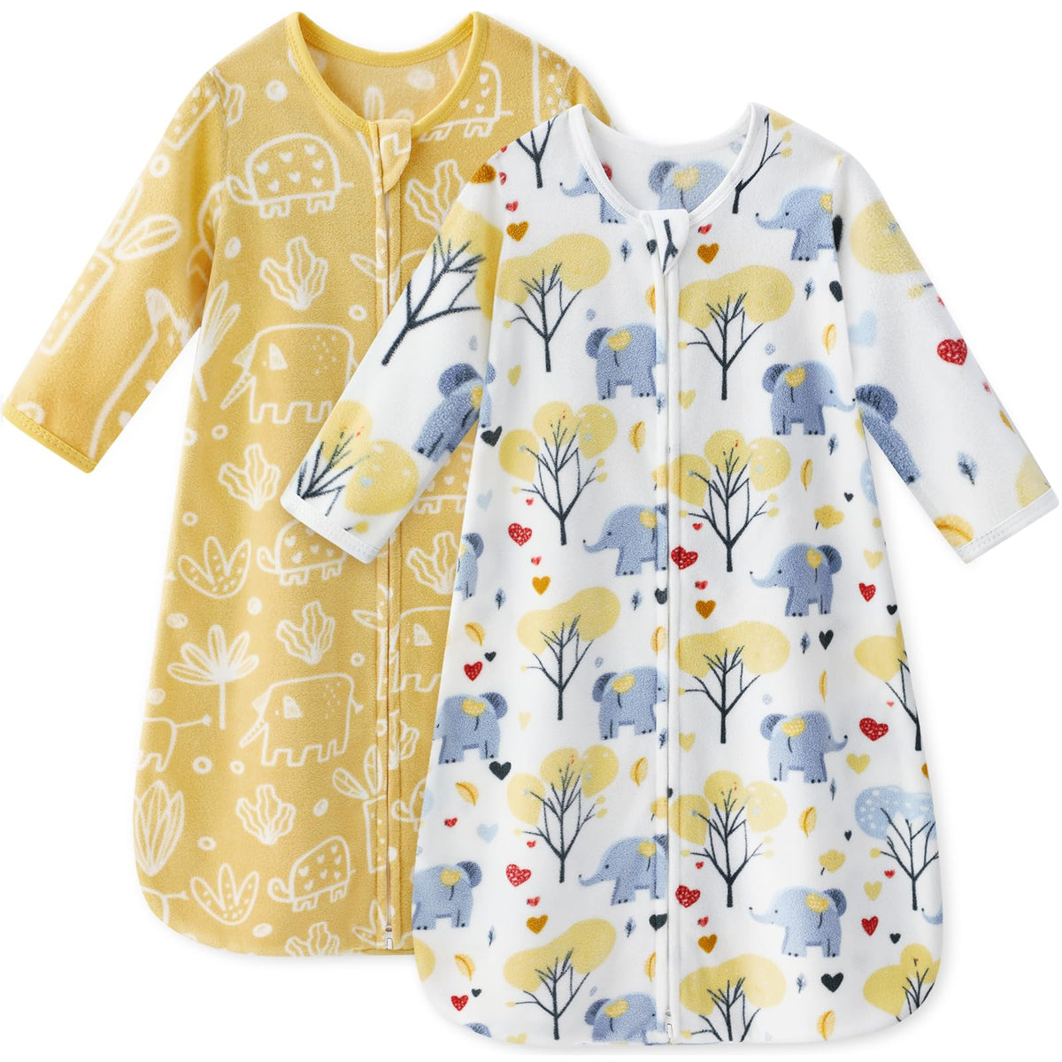 Unnivoll baby sleep sack in yellow elephant print, cozy warmth for peaceful nights.