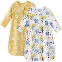 Unnivoll baby sleep sack in yellow elephant print, cozy warmth for peaceful nights.