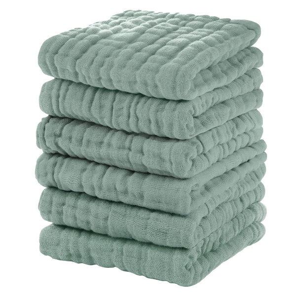 Unnivoll muslin baby washcloths six-pack in dark green for gentle baths.