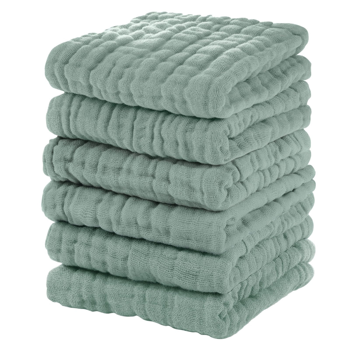 Unnivoll muslin baby washcloths six-pack in dark green for gentle baths.