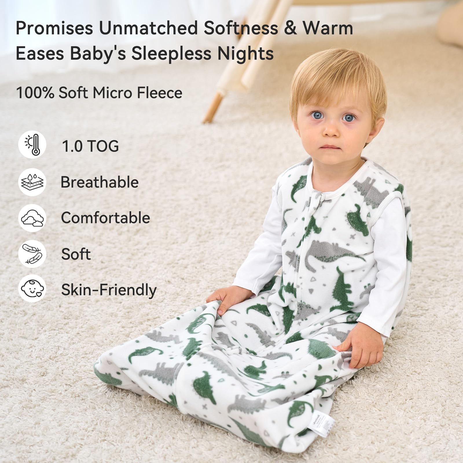 Unnivoll Dinosaur Sleep Sack back view in breathable microfleece.