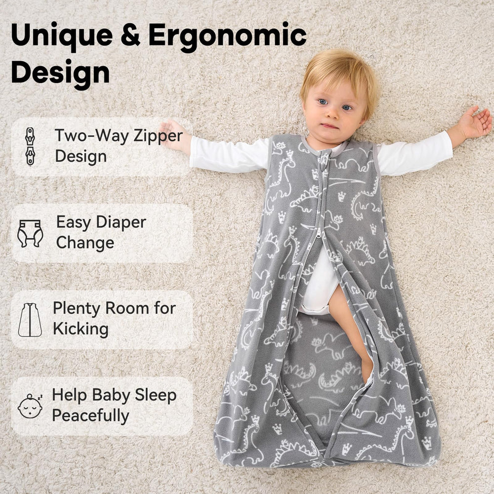 Unnivoll Dinosaur Sleep Sack plush interior for soft skin contact.