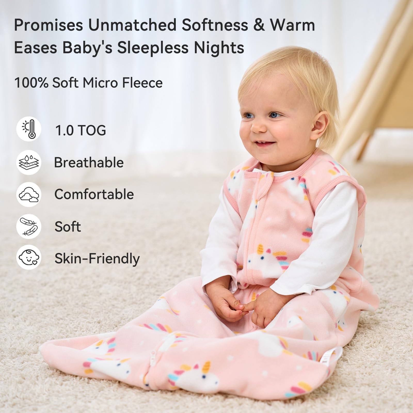 Unnivoll fleece baby sleep sack with two-way zip close-up for easy nighttime diaper changes.