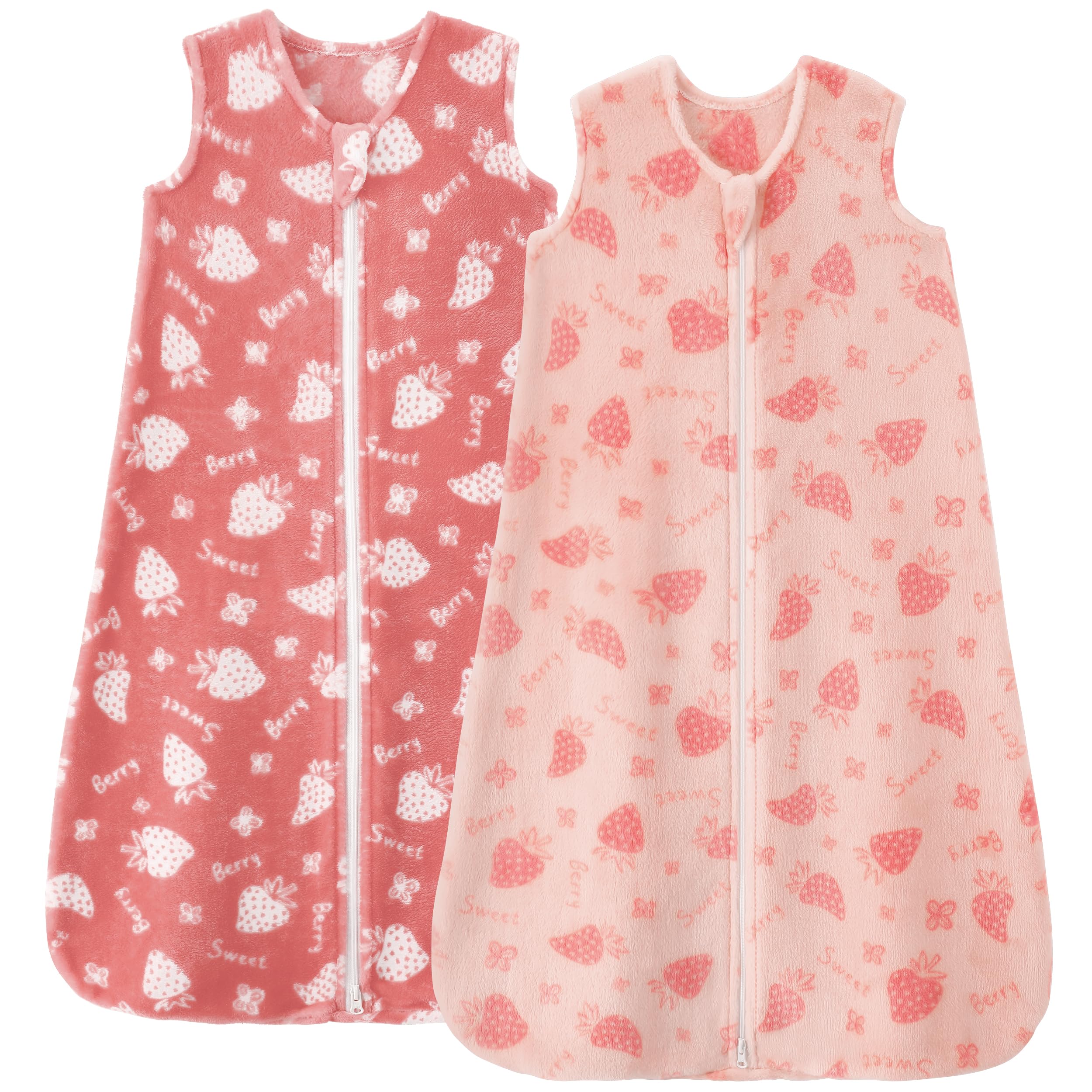 Unnivoll fleece baby sleep sack front view in pink strawberry pattern for cozy sleep.