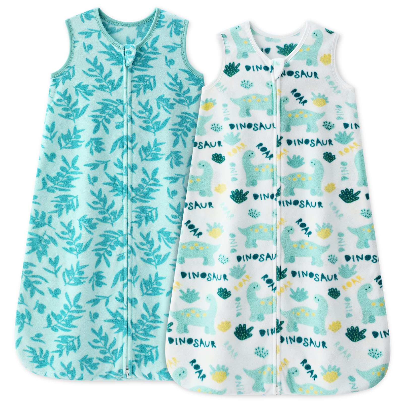 Unnivoll fleece sleep sack front view; green and white dinosaur pattern for safe sleep