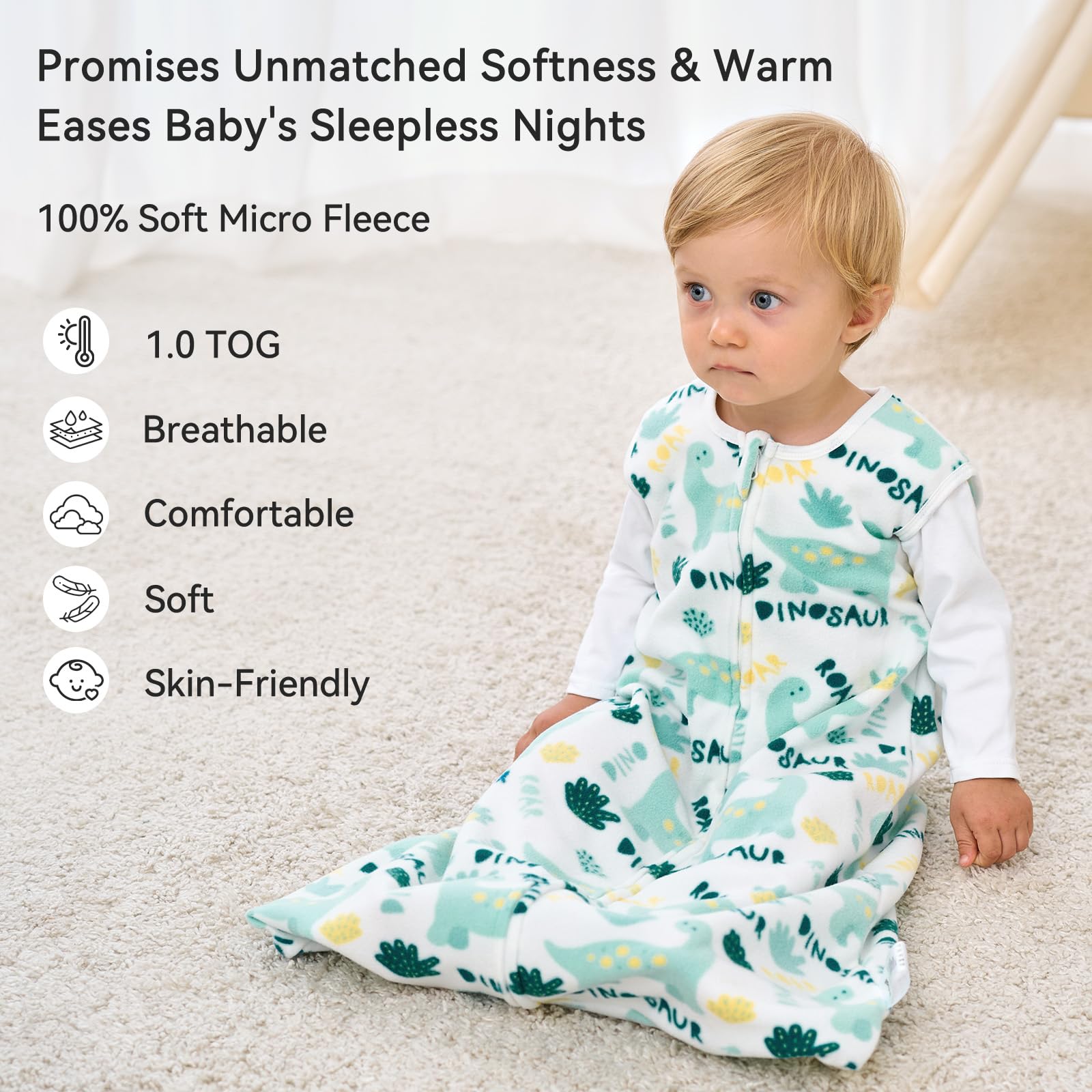 Unnivoll fleece sleep sack side view shows roomy fit for kicking