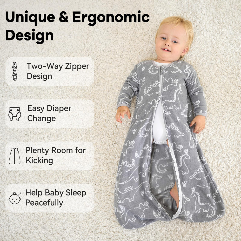 Unnivoll long sleeve sleep sack design provides warmth and arm freedom.