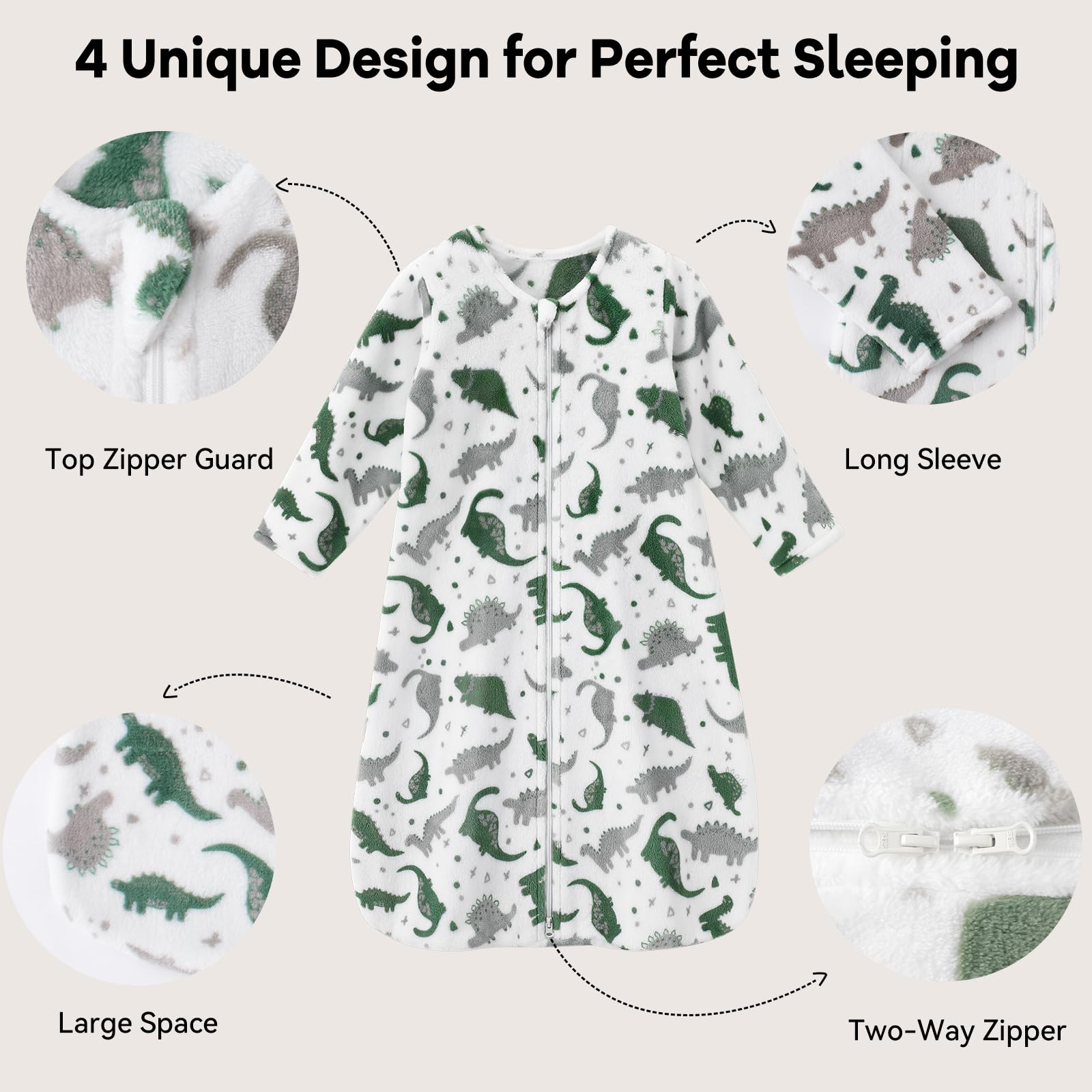 Unnivoll long-sleeve fleece sleep sack supports arm movement and warmth.