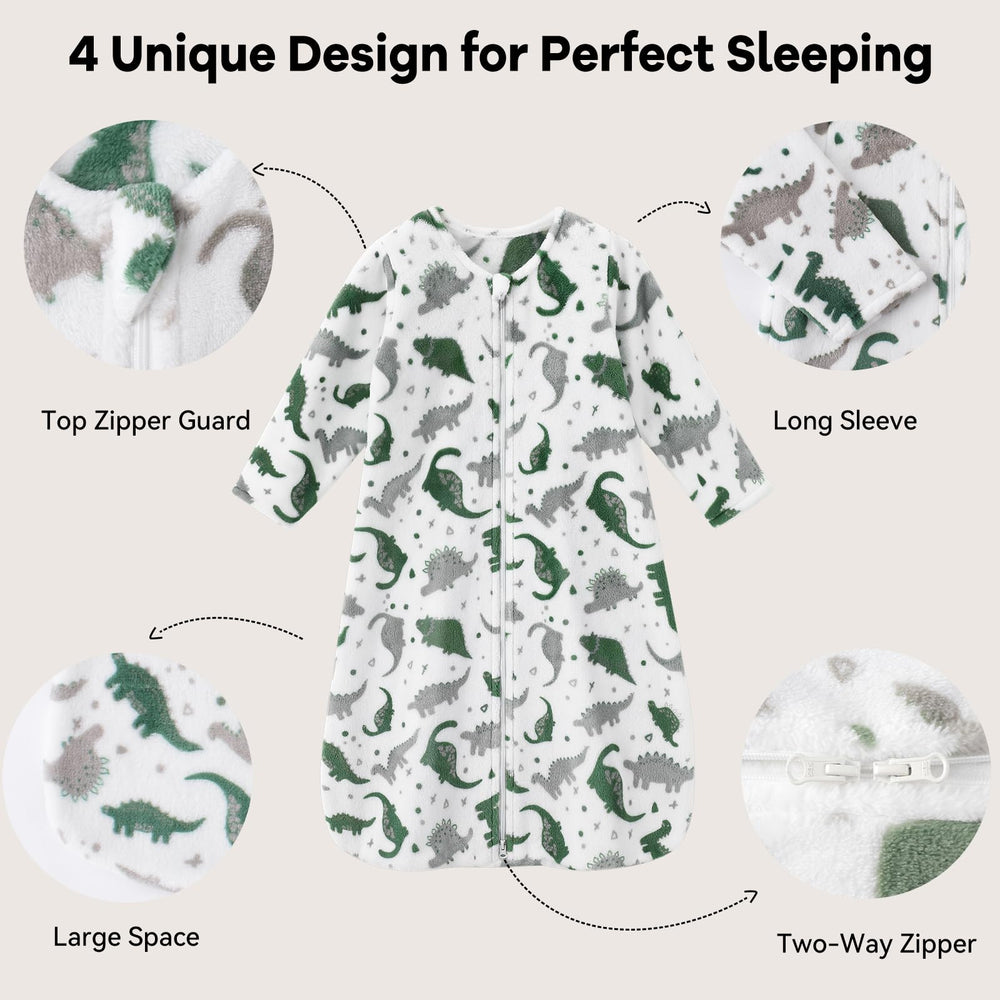 Unnivoll long-sleeve fleece sleep sack supports arm movement and warmth.