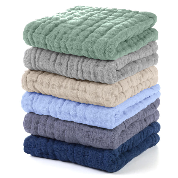 Unnivoll muslin baby washcloths 6-pack pack shot; 12x12 inches, soft and absorbent.