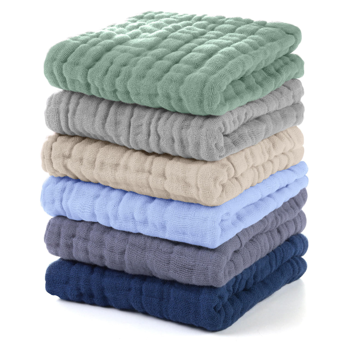 Unnivoll muslin baby washcloths 6-pack pack shot; 12x12 inches, soft and absorbent.