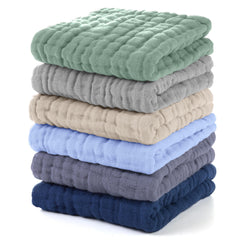 Unnivoll muslin baby washcloths 6-pack pack shot; 12x12 inches, soft and absorbent.