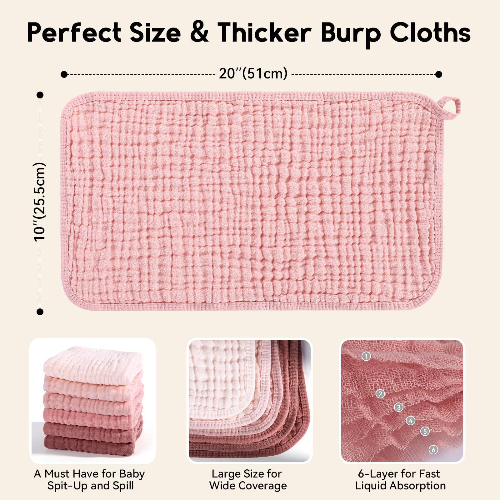 Unnivoll burp cloths laid flat, 20x10 inches for maximum coverage.