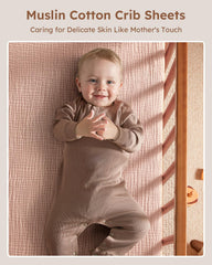 Unnivoll muslin crib sheet 360-degree elastic hem secures a snug fit.