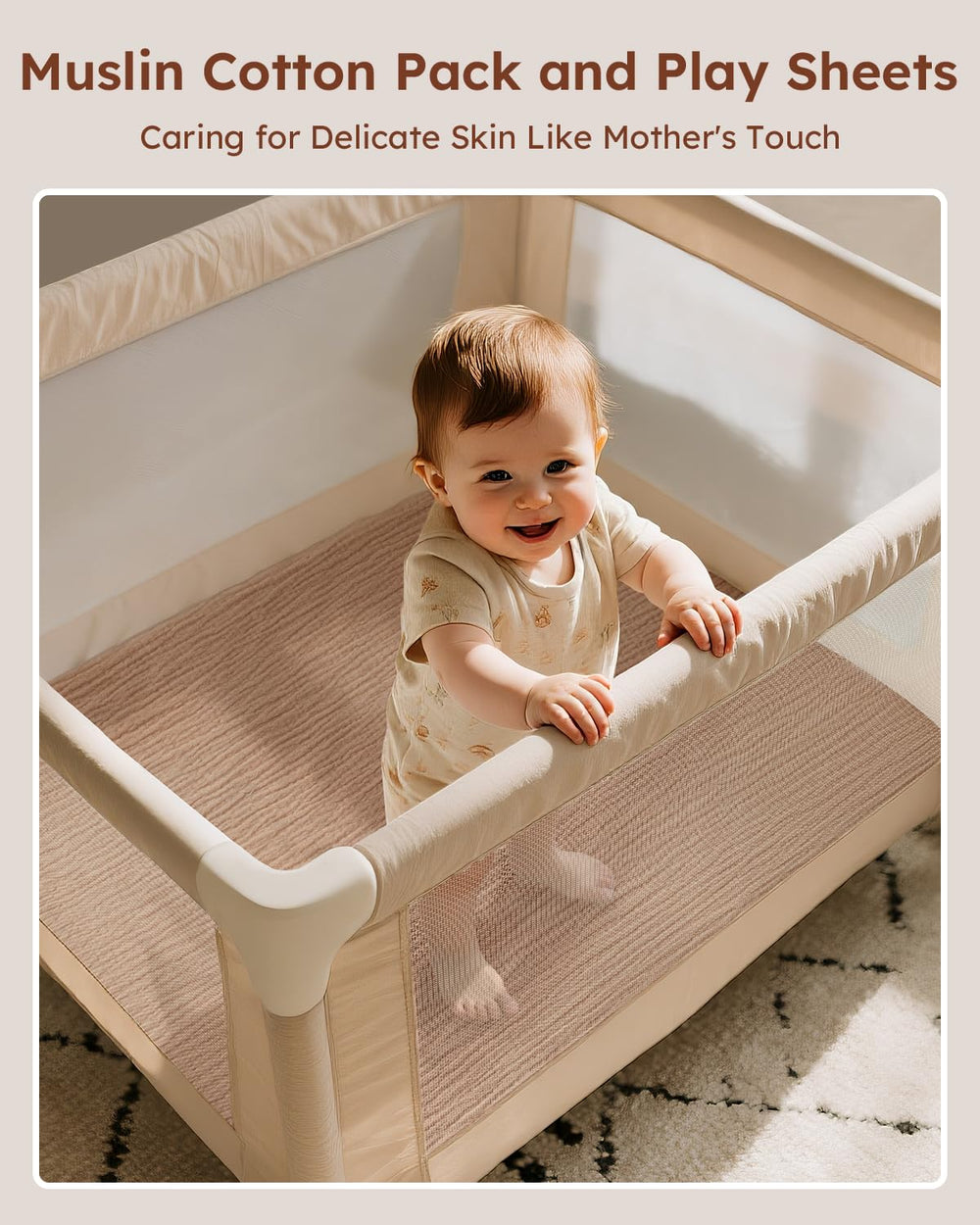 Unnivoll muslin pack-and-play sheet showing a 360-degree elastic hem for quick changes.