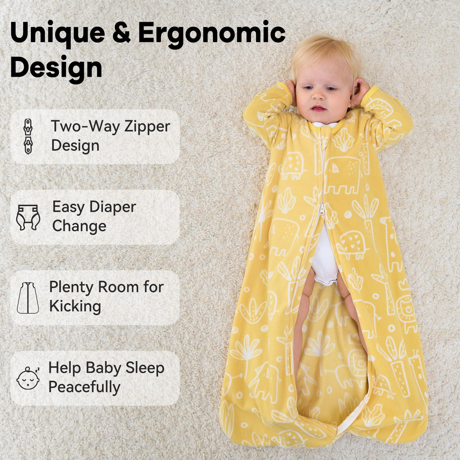 Unnivoll roomy sleep sack design supports kicking and hip comfort during sleep.