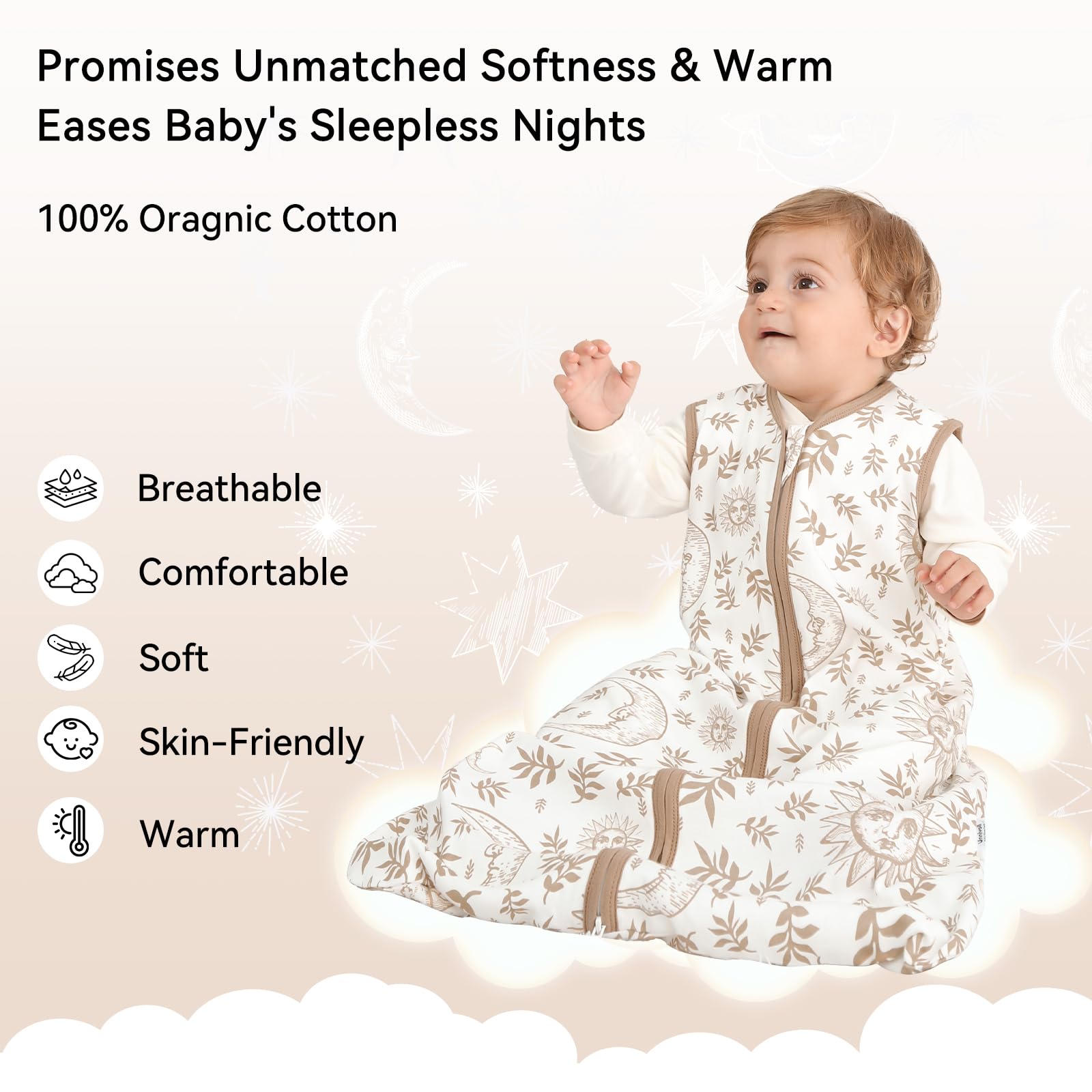 Unnivoll sleep sack 2way zipper demonstrates easy diaper changes with skin safe zipper guard