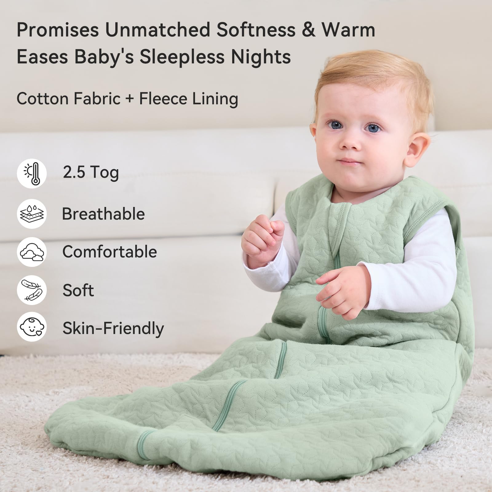 Unnivoll sleep sack with 2-way zipper for easy diaper changes