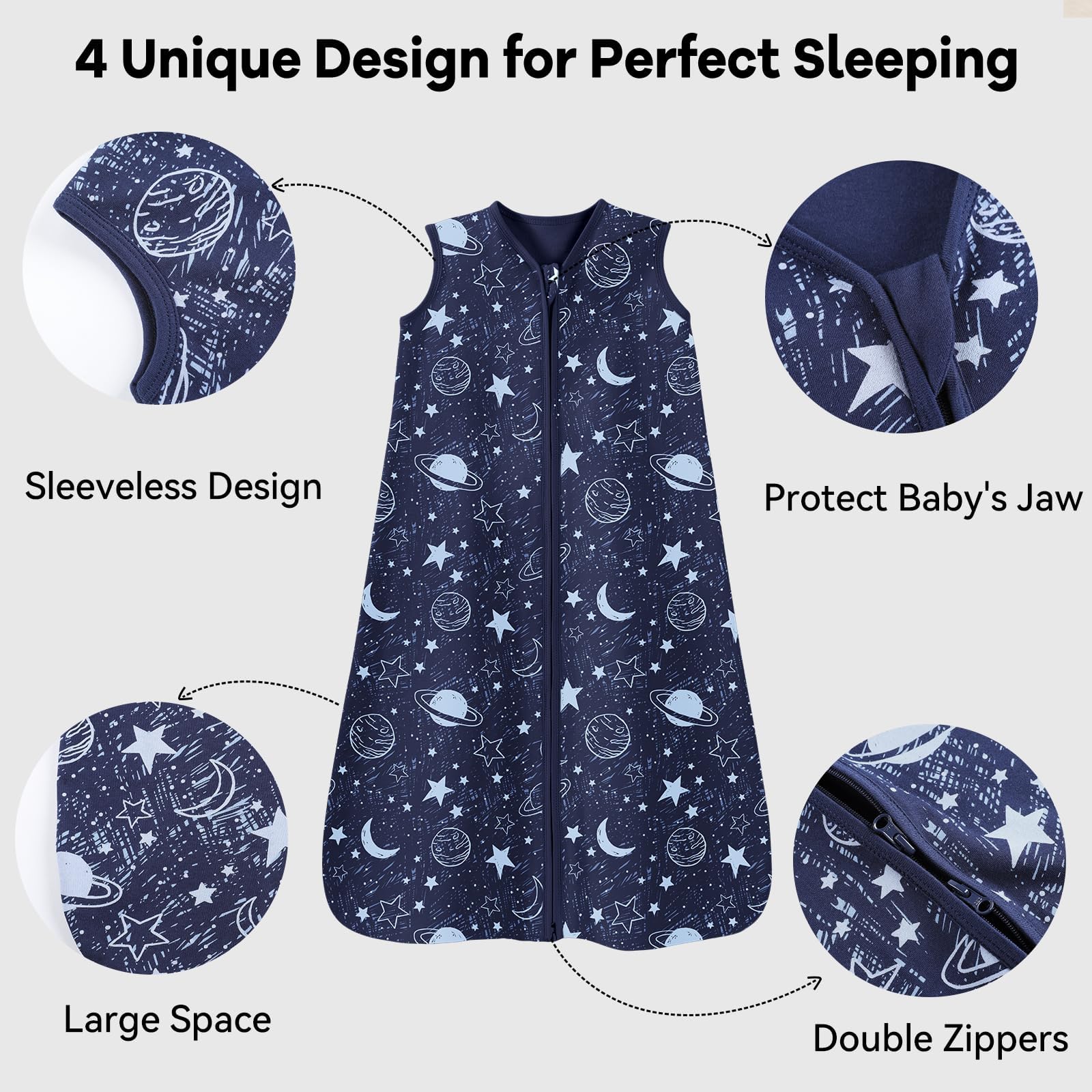 Unnivoll sleep sack blue fabric closeup shows soft 100% cotton material.