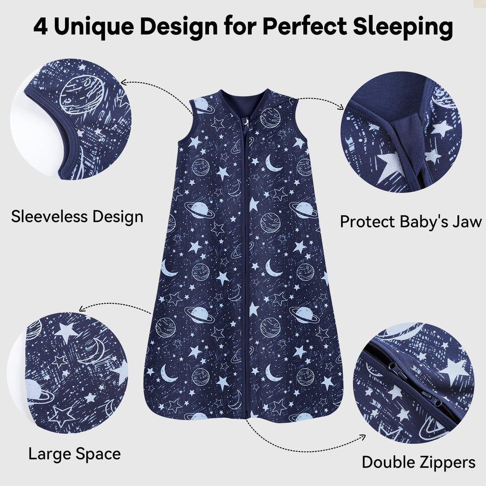 Unnivoll sleep sack blue fabric closeup shows soft 100% cotton material.