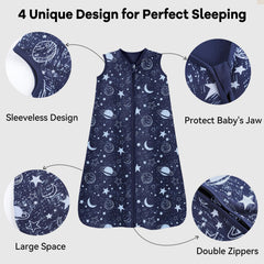 Unnivoll sleep sack blue fabric closeup shows soft 100% cotton material.