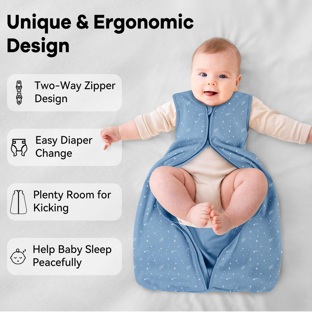 Unnivoll sleep sack blue pattern with sky elements supports visual development.