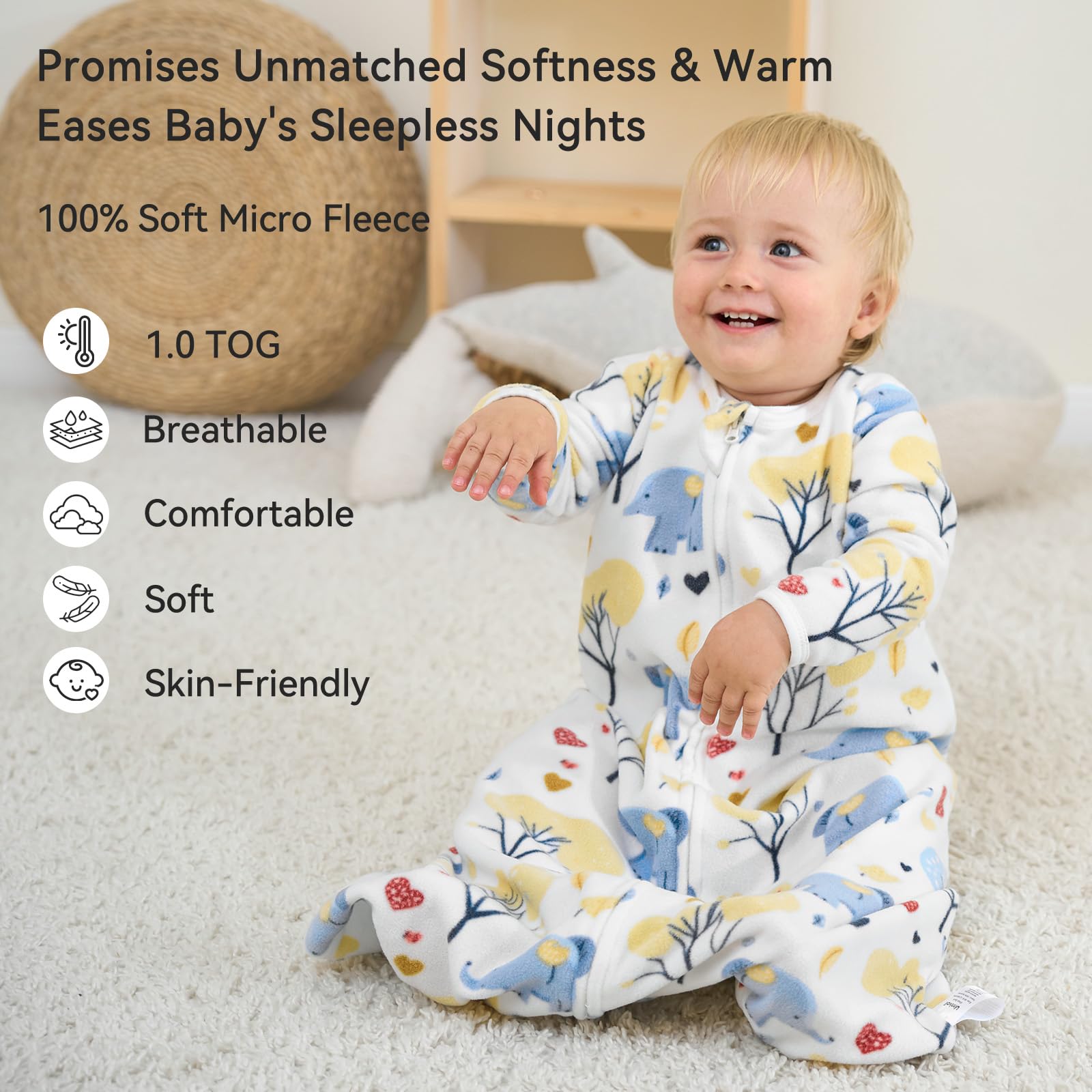Unnivoll sleep sack long sleeves close-up showing ultra-soft microfleece surface.