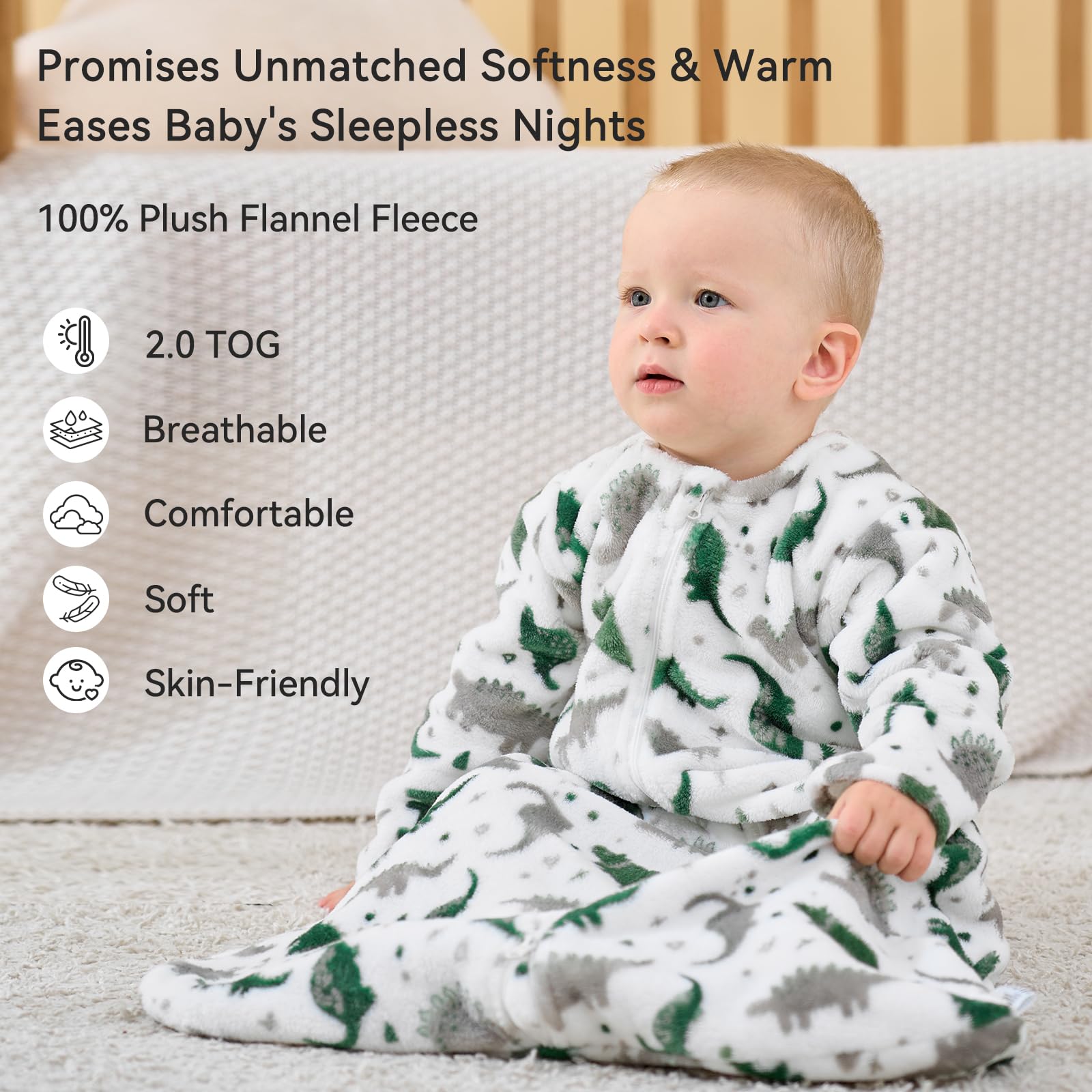 Unnivoll sleep sack with two-way zipper provides easy night-time diaper changes.