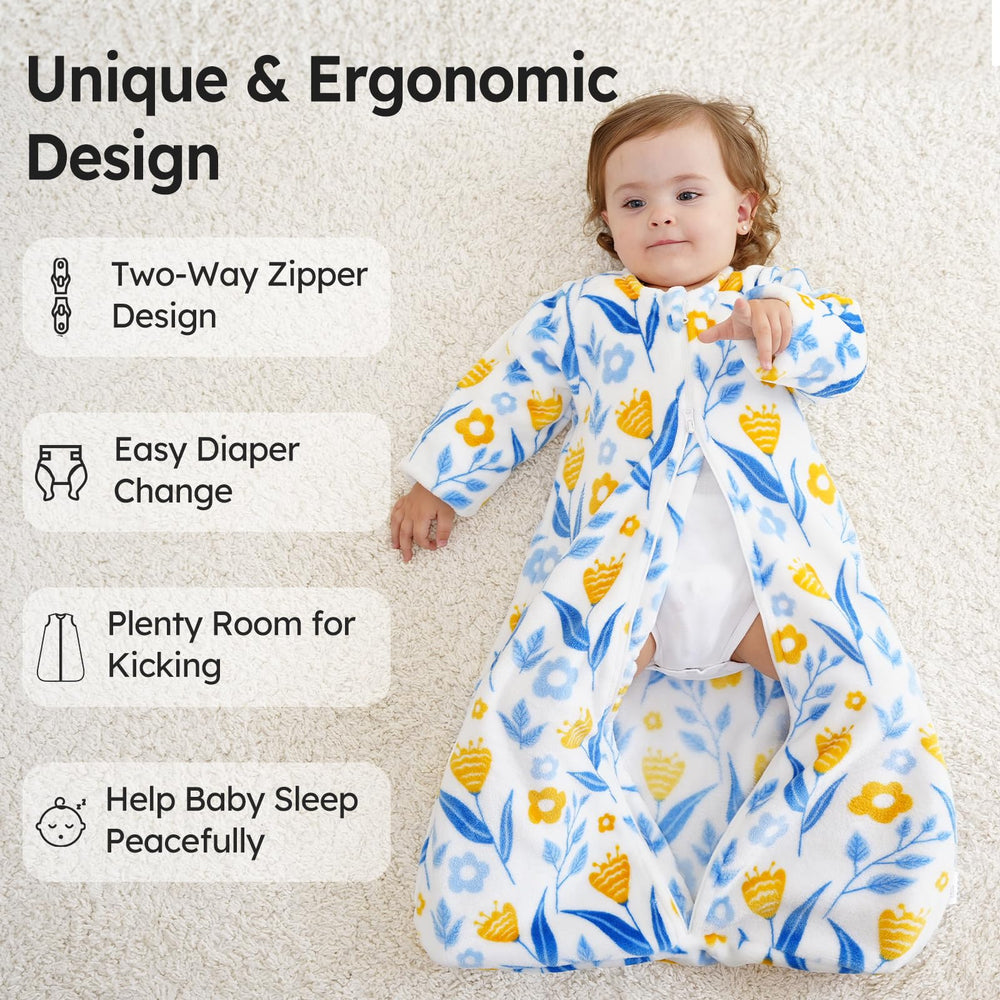 Unnivoll sleep sack worn by baby with comfortable arm movement