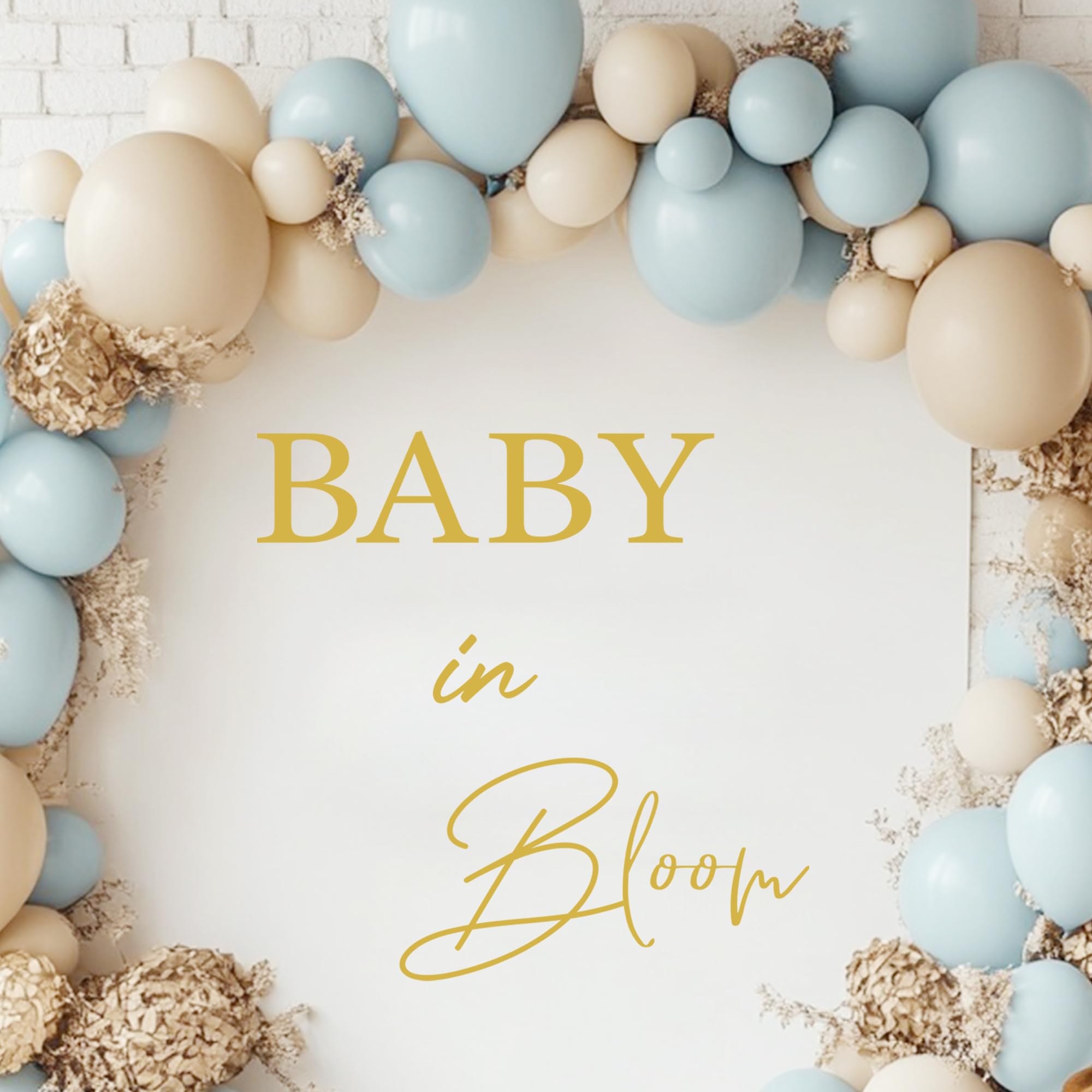 Unonede Baby in Bloom decal with gold balloon arch for elegant gender reveal backdrops