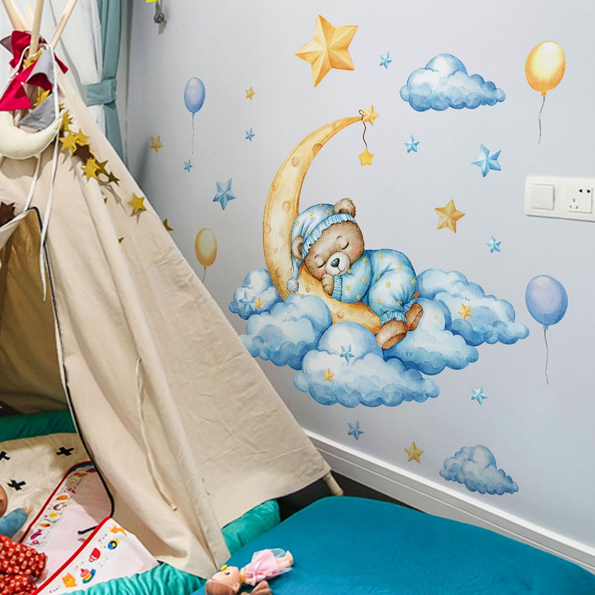 Unonede Bear on Moon wall sticker kit is durable and waterproof for busy rooms
