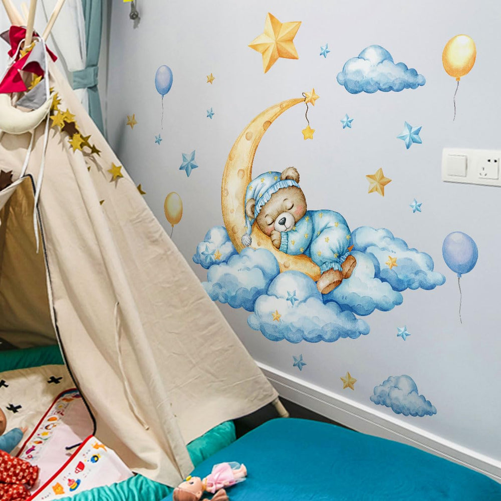 Unonede Bear on Moon wall sticker kit is durable and waterproof for busy rooms