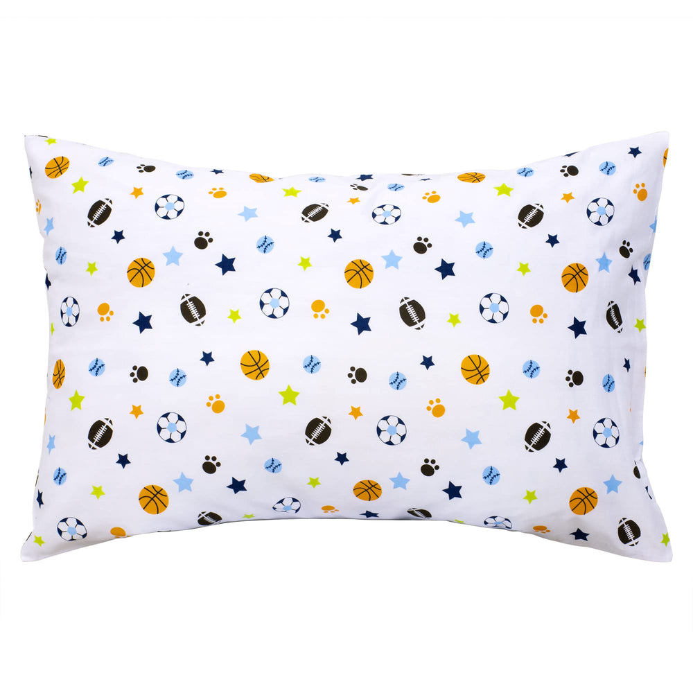 Vibrant prints of basketballs, footballs, and baseballs spark bedtime imagination.