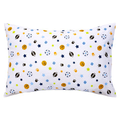 Vibrant prints of basketballs, footballs, and baseballs spark bedtime imagination.