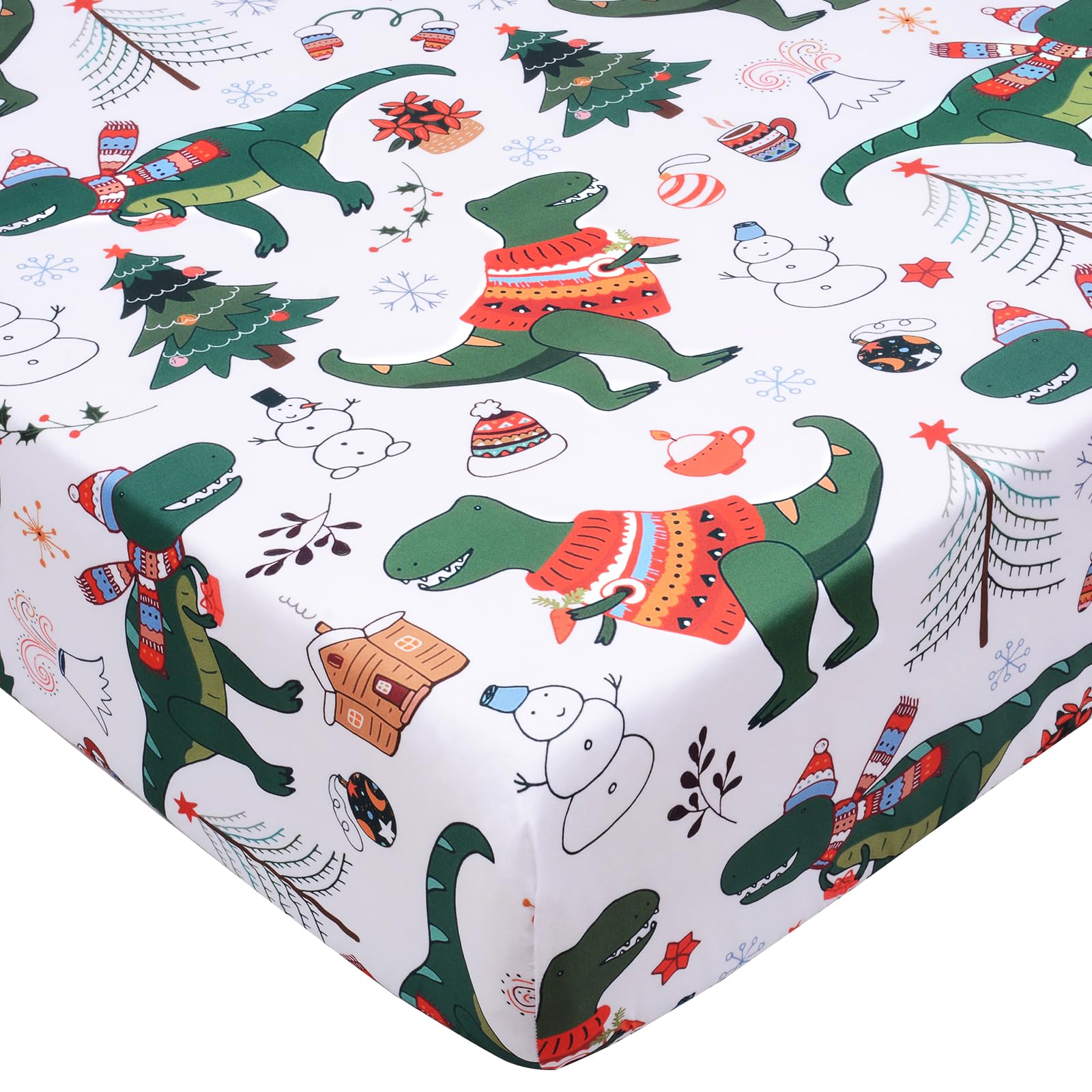 UOMNY Christmas dinosaur crib sheet wrap fits snugly on standard crib mattresses.