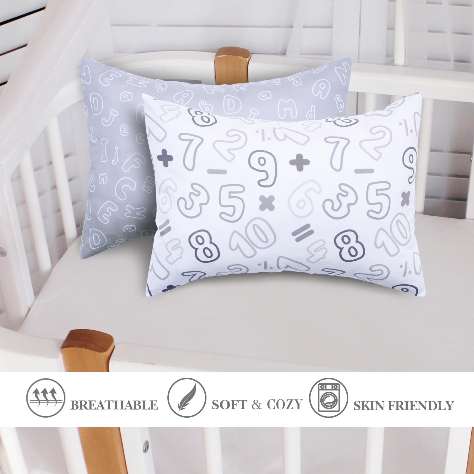 UOMNY crib pillowcase 14x19 in grey-white adds soft comfort for naps anywhere.