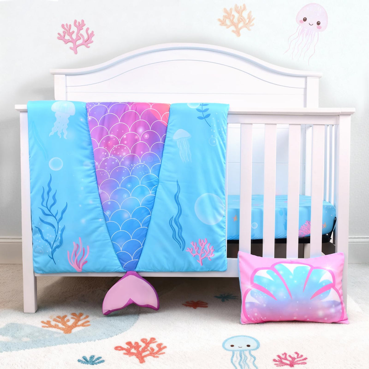 UOMNY Mermaid crib bedding packaging, ideal as a gift-ready presentation for baby showers.