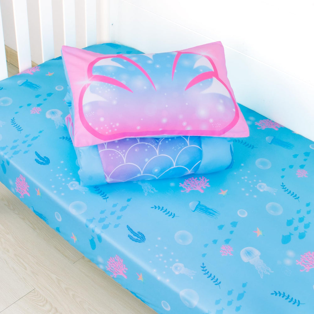 UOMNY Mermaid fitted crib sheet 52x28 fits standard crib mattresses securely.